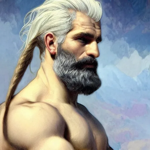 Image similar to painted portrait of rugged zeus, greek god, 4 0 years old, handsome, white hair, soft hair, upper body, muscular, hairy torso, fantasy, intricate, elegant, highly detailed, digital painting, artstation, concept art, smooth, sharp focus, illustration, art by alphonse mucha