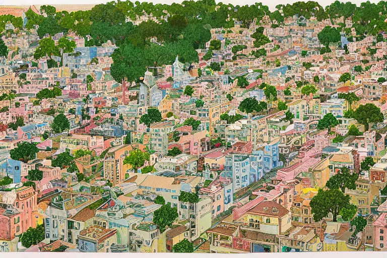 Image similar to an elaborate and dense painting of a peaceful neighborhood, detailed, made of alcohol ink on parchment and penned illustrations, by wes anderson and geoff darrow