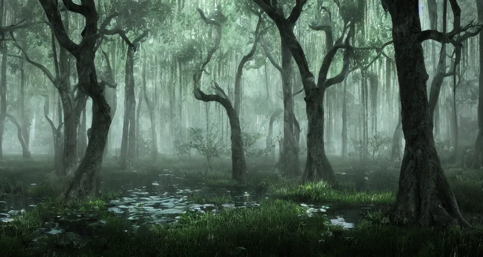 Image similar to A dense and dark enchanted forest with a swamp, with Vray