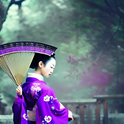 Image similar to Japanese geisha with beautiful violet paper fan, 4k photography, 30 mm lens, cinematic light, warm atmosphere, in style of Kar Wai Wong, fine dust