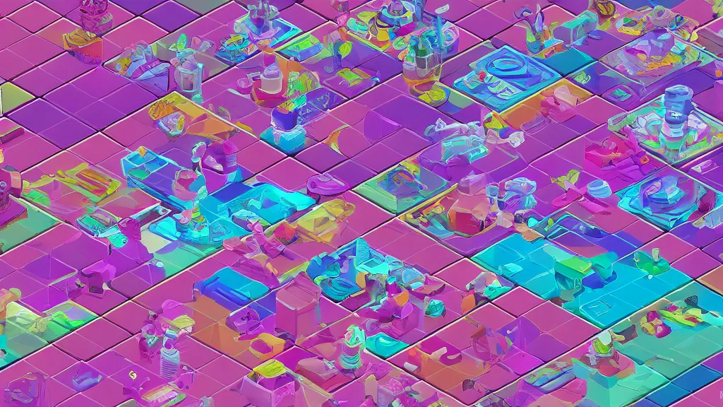 Image similar to vaporwave content clogs isometric puzzle game, intricate design clogs