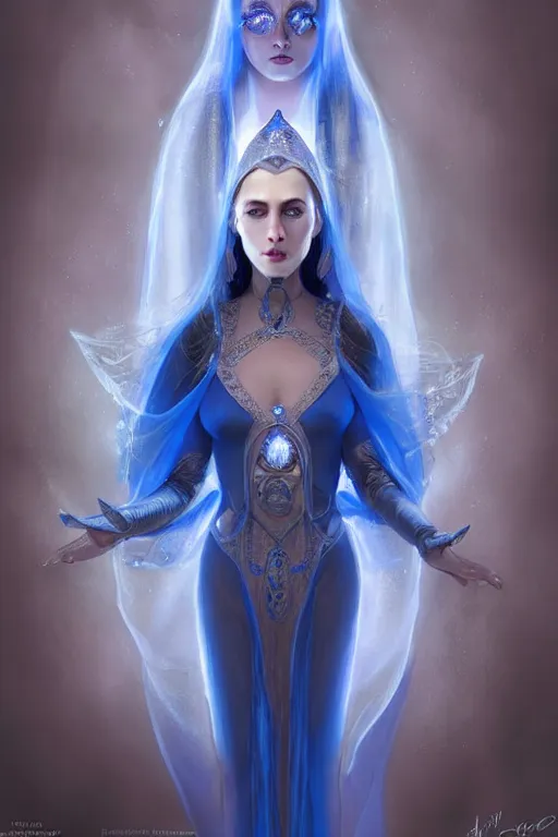 Image similar to beautiful woman wearing blue transparent clothes, glowing eyes, silver headband, blue glowing diamond in the hands, high elf priestess, sci-fi, fantasy, intricate, very very beautiful, elegant, highly detailed, digital painting, artstation, concept art, smooth, sharp focus, illustration, art by artgerm and greg rutkowski and alphonse mucha