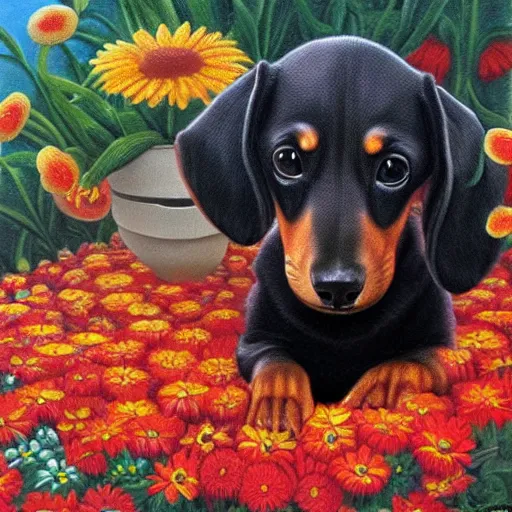 Prompt: mild, calm oil painting of a very tiny black and tan Dachshund inside the flower, by Jacek Yerka