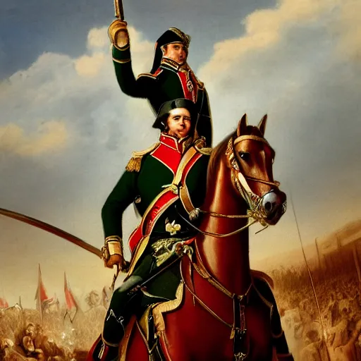 Prompt: selfi stick of napoleon riding his horse in front of his army, highly detailed, photorealistic, trending on artstation, 4 k, 8 k