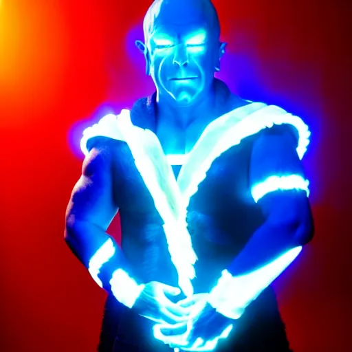 Prompt: uhd candid photo of alex jones as a dbz character, glowing blue, global illumination, radiant light, detailed, intricate costume. photo by annie leibowitz