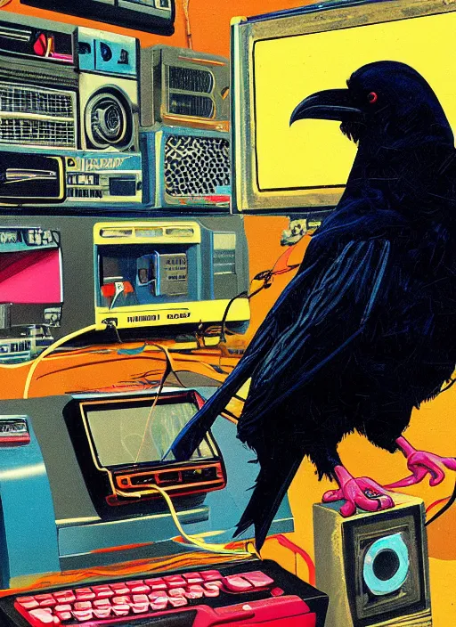 Image similar to a raven digging through 8 0 s era technology, vintage shapes, retro technology, happy color, wayne barlow, oil on canvas, deep depth of field, masterpiece, cinematic composition, hyperdetailed