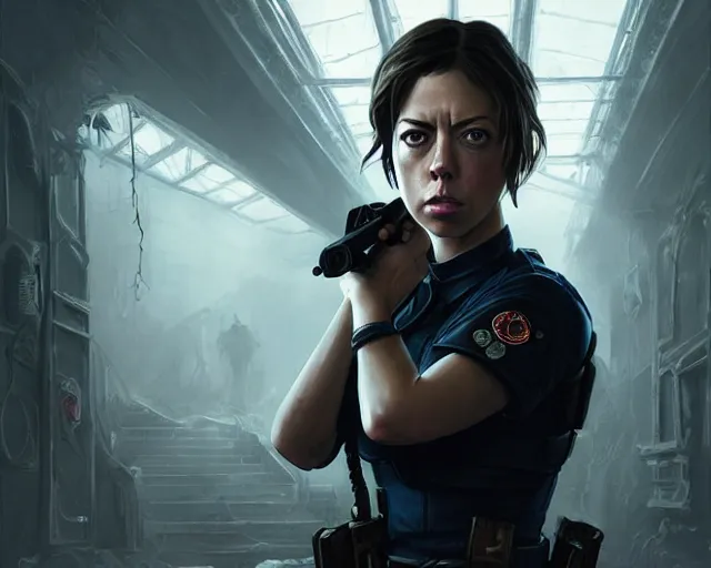 Image similar to a gaming screenshot still portrait of aubrey plaza in resident evil, deep focus, d & d, fantasy, intricate, elegant, highly detailed, digital painting, artstation, concept art, matte, sharp focus, illustration, dark fantasy style art, hearthstone, art by artgerm and greg rutkowski and alphonse mucha