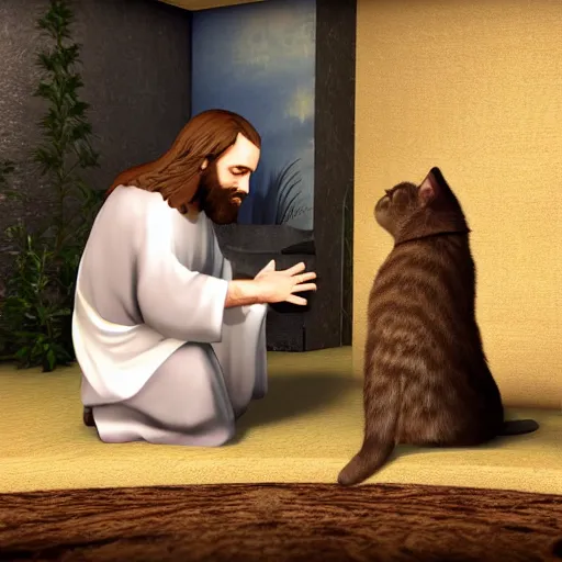 Prompt: moist critical begging jesus not to kill his cat, hd, 4 k, vr support, for gamers,