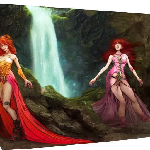 Prompt: an extremely detailed portrait of four polyamorous red haired vampire queens wearing bright multi colored dresses and dancing in a cave behind a waterfall, epic fantasy, viewed in profile from far away, sharp focus, detailed face, art by greg rutkowski and alphonse mucha, volumetric lighting, 4 k resolution, trending on artstation, masterpiece