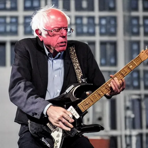 Image similar to bernie sanders as the frontman of an 8 0 s metal band, playing electric guitar