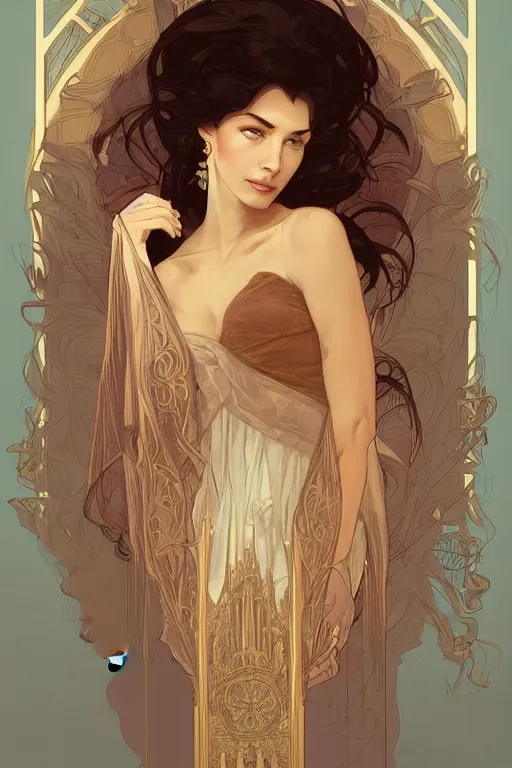 Image similar to high priestess, no noise, elegant, concept art, sharp focus, beautiful face!!, digital art, smooth defined outlines!!, human anatomy, human structure, vector background, by Brom, trending on Artstation, Alphonse Mucha, Tom Bagshaw, Sargent