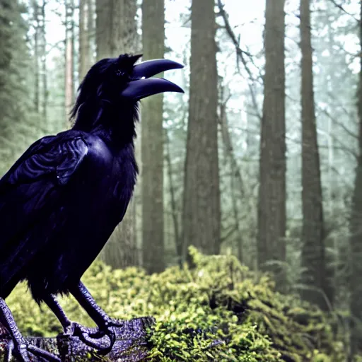 Image similar to humanoid crow, werecreature, photograph captured in a forest