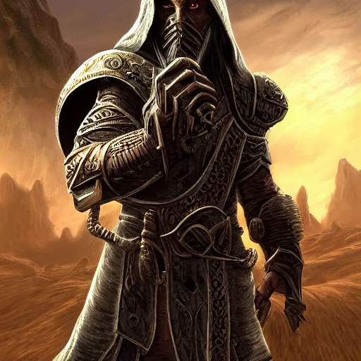 Prompt: unknown the elder scrolls vi hammerfall, battle hardened imposing male redguard character portrait partially clothed in hooded metal - plated exquisitely detailed hooded battle armour, desert, tropical jungle setting, atmospheric lighting, painted, intricate, volumetric lighting, beautiful, rich deep colours masterpiece, sharp focus, ultra detailed