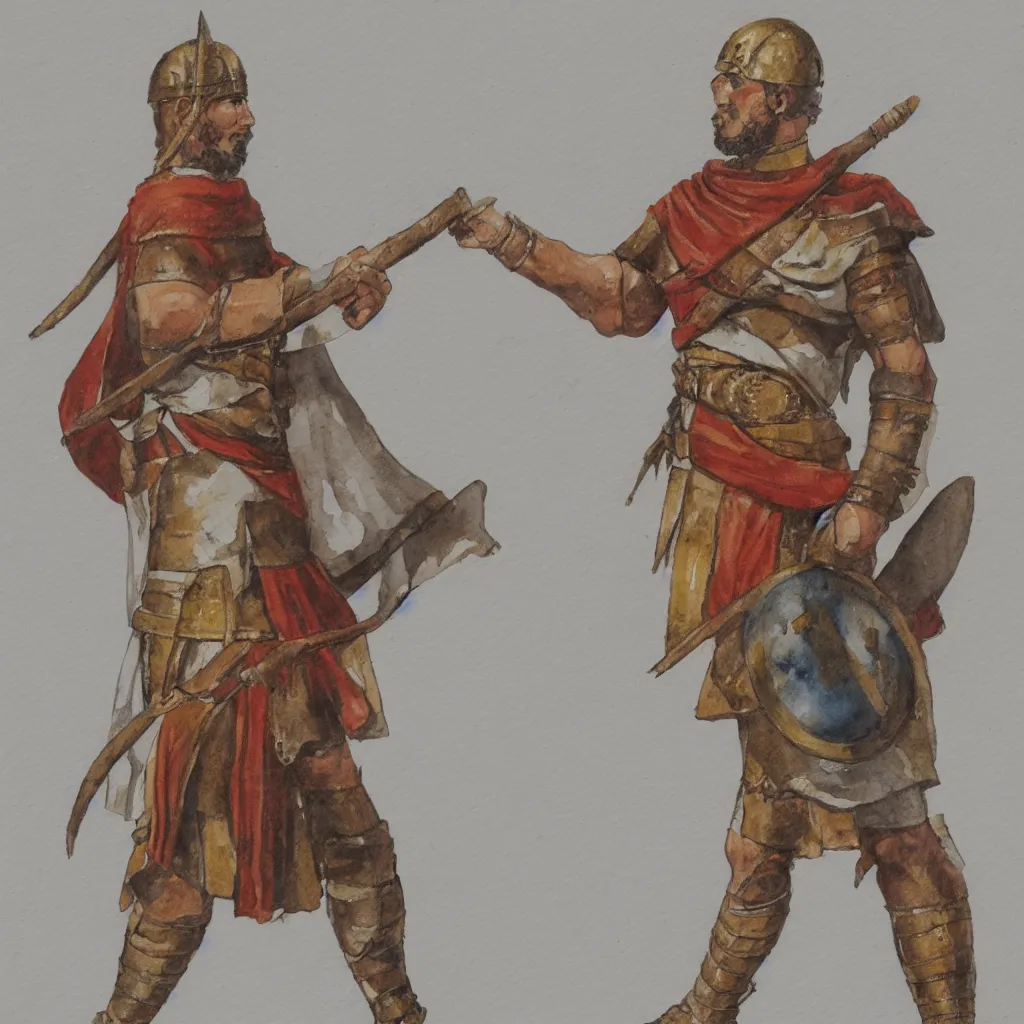 Prompt: a single roman legionnaire holding a scroll, watercolor, concept art, white background