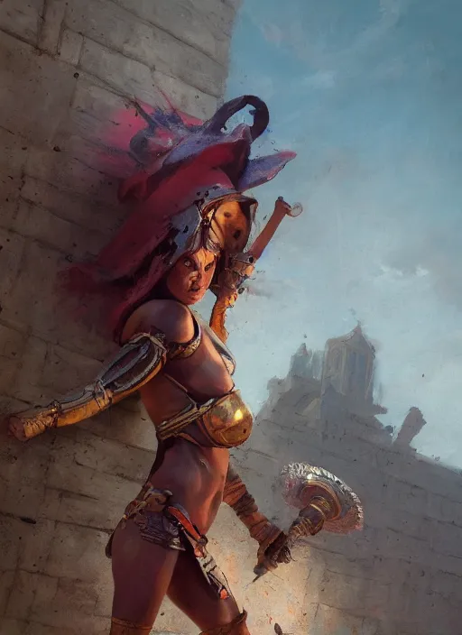 Image similar to hyper realistic photo of gladiator girl, full body, rule of thirds, conceptart, saturated colors, cinematic, greg rutkowski, brom, james gurney, mignola, craig mullins, artstation, cgsociety