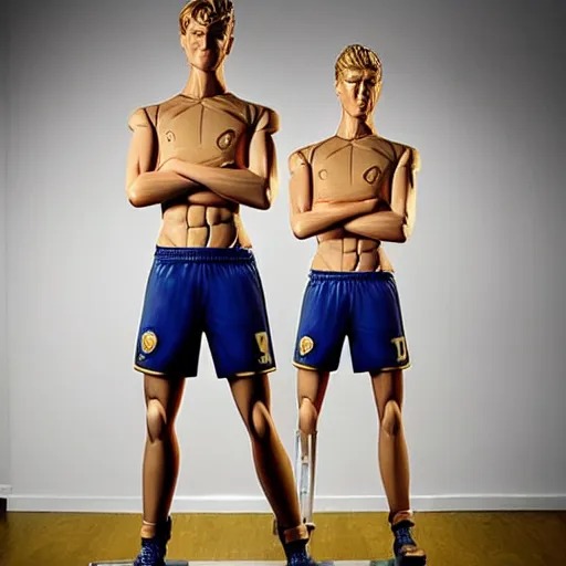 Image similar to a realistic detailed photo of a guy who is an attractive humanoid who is half robot and half humanoid, who is a male android, soccer players martin ødegaard & timo werner, shiny skin, posing like a statue, blank stare, in a living room, on display, showing off his muscles, gold soccer shorts, no jersey, statue, many copies of them