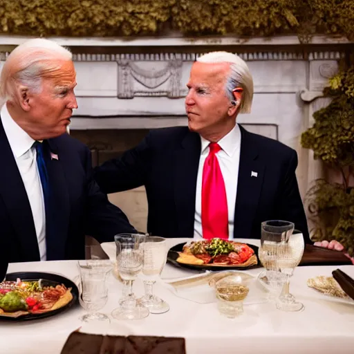 Prompt: Donald Trump and Joe Biden having a romantic dinner date at a fancy fetish restaurant, award winning photography, 85mm, perfect faces