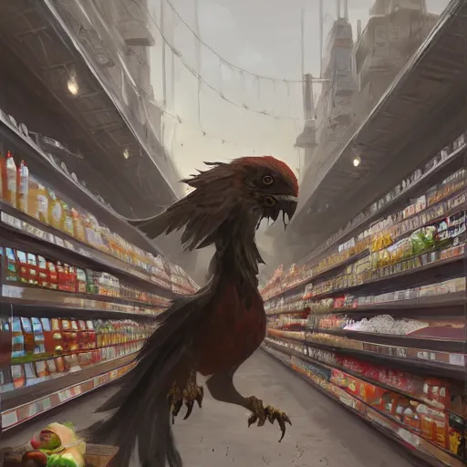 Image similar to digital painting of a super market grocery shopping elegant but deadly chicogriff, griffin chicogriff hybrid monster, by Greg Rutkowski, magic the gathering concept art, trending on artstation, 4k resolution, ((in a super market Costco))