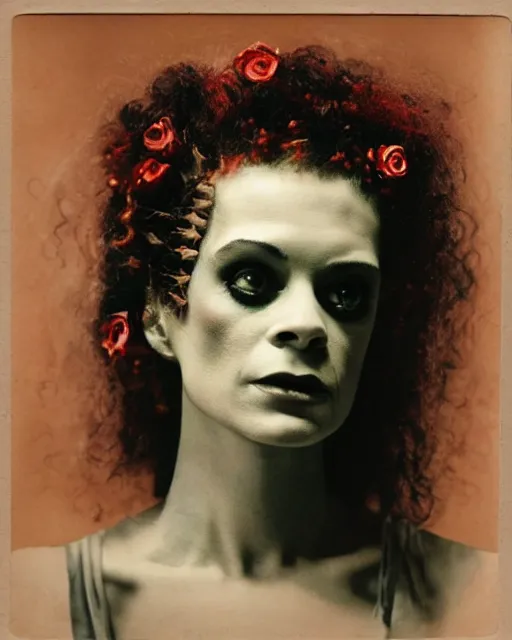 Prompt: an instant photo of a beautiful but sinister bride of frankenstein in layers of fear, with haunted eyes and curly hair, 1 9 7 0 s, seventies, delicate embellishments, a little blood, crimson, painterly, offset printing technique, mary jane ansell