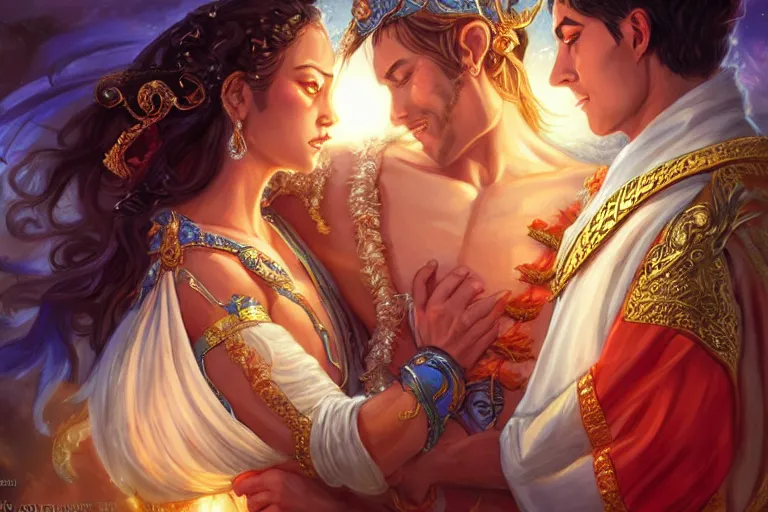 Image similar to close up moment of a divine a sun god and a moon goddess lovers magician at a wedding banquet, highly detailed, d & d, fantasy, highly detailed, digital painting, trending on artstation, concept art, sharp focus, illustration, art by artgerm and daniel gerhartz and magali villeneuve