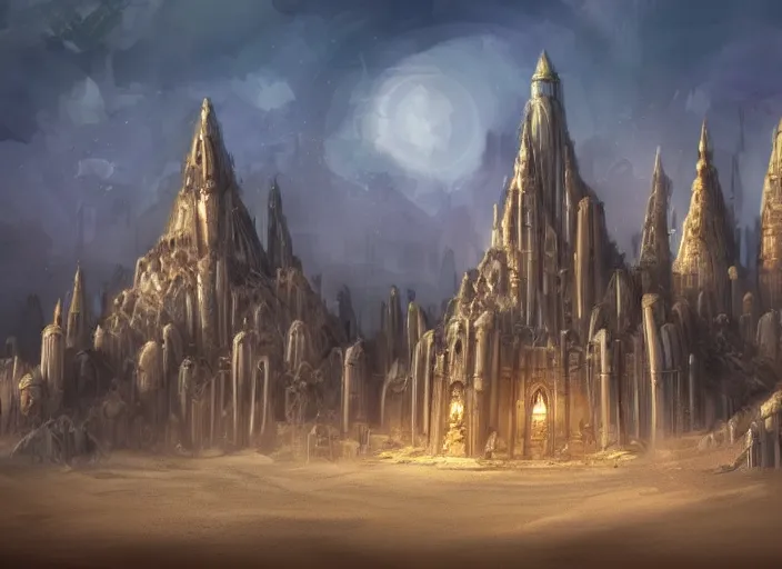 Prompt: architectural cover concept art of the lost sand city, ruins, golden towers, golden pillarsl. digital art, art station, realista,