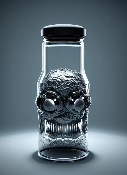 Prompt: magic glass flasks anthropomorphic monster with face made of clover with sharp teeth inside, realistic, intricate, rendered in octane caustics subsurface scattering render 8 k