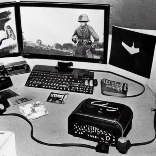 Prompt: ww 2 photograph of a pc gaming setup