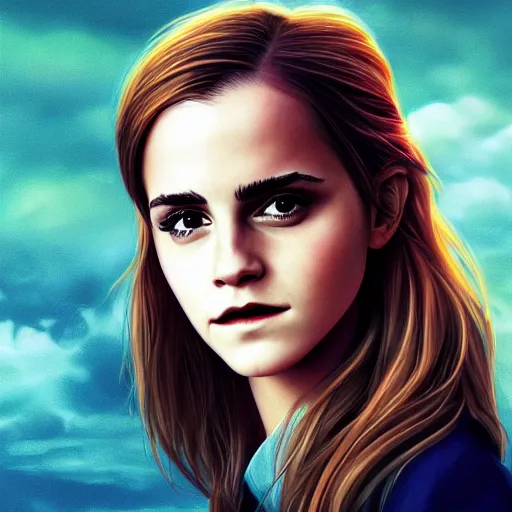 Prompt: portrait of emma watson staring at you, beautiful, long hair, eye contact, high detail, vivid colors, navy background, artstation