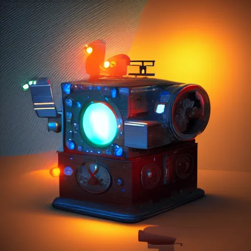 Image similar to retro futuristic movie prop with moving parts and tiny flashing lights, photorealistic style