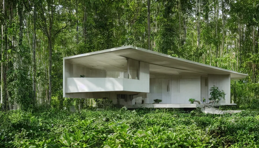 Prompt: A wide image of an eco-community neighborhood of innovative contemporary 3D printed prefab sea ranch style cabins with rounded corners and angles, beveled edges, made of cement and concrete, organic architecture, in a lush green forest Designed by Gucci and Wes Anderson, golden hour