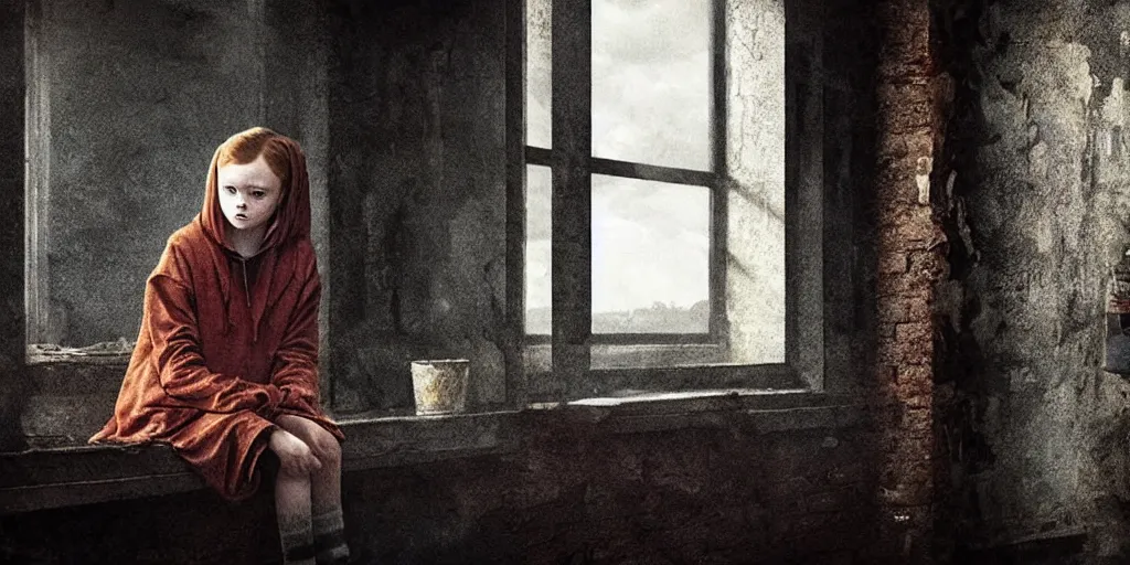 Image similar to at night, sadie sink in hoodie sits on windowsill, knees tucked in | rain falls, old brick wall with ussr propaganda posters : imax film, anamorphic, single long shot from schindler's list by steven spielberg. cyberpunk, cinematic atmosphere, detailed and intricate, perfect anatomy