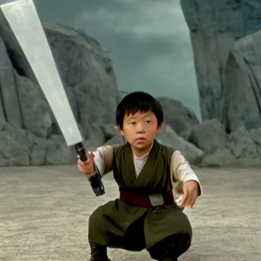 Prompt: cinematic still 6 year old asian boy luke skywalker