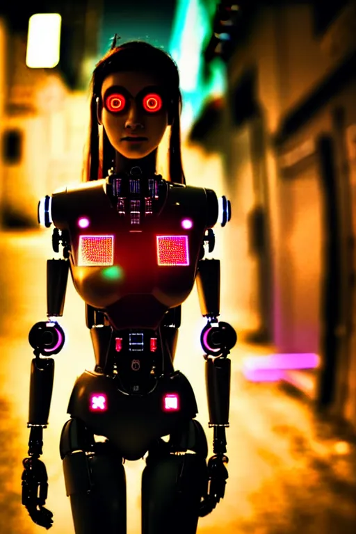 Image similar to a photo close up cyberpunk half robot half girl stands in a cyberpunk cambodian street, at night, photorealistic, cinematic lighting, very detailed, style by tomino - sama