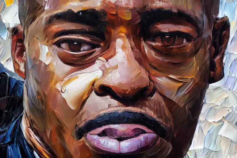 Prompt: palette knife oil painting portrait of ruben stone, a mall security guard., extreme detail, artstation trending, artgerm, random racial background, deviant art, octane, substance, art history 8 k