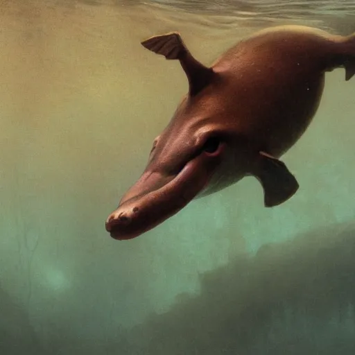 Image similar to An underwater photo of a demonic platypus swimming towards the camera out of the darkness, underwater cam, artstation, fantasy, concept art, dark, moonlight, incredible, smooth, sharp focus, illustration, art by greg rutkowski and orientalism and bouguereau and Zdzislaw Beksinski, good clear quality, lighting, biology, symmetrical artwork, perfect face, 135 mm, cinematic, hyper realism, high detail, octane render, 8k, blue and green accents