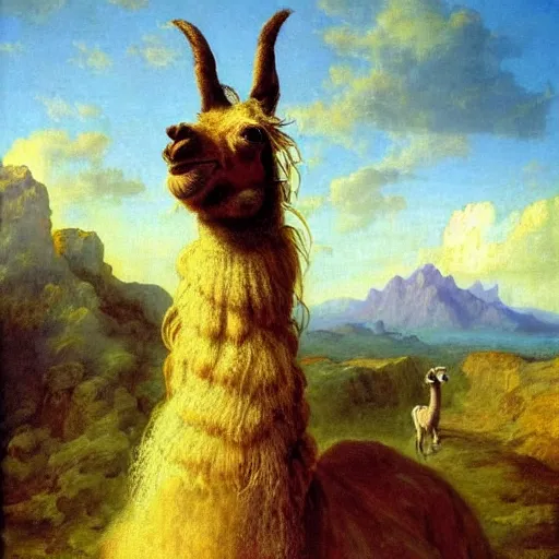 Image similar to detailed baroque portrait of a llama with dreadlocks, realistic creature concept, heroic pose, desert mountain in background, Ilya Repin oil painting, style of Brian Jacques