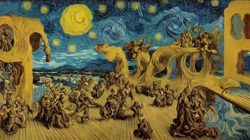 Prompt: psychoautistic scene of a divine moment, 4K, Rococo & Precisionism, colorized, by collaboration of Salvador Dali, Van Gogh and M. C. Escher