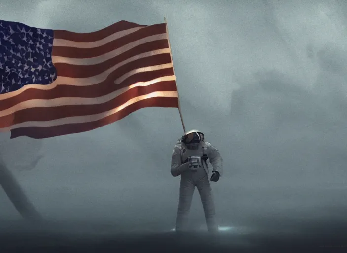 Image similar to astronaut holding a flag in an underwater desert. a submarine is visible in the distance. dark, concept art, cinematic, dramatic, atmospheric, 8 k, trending on artstation, blue, fish, low visibility, fog, ocean floor, christopher nolan, interstellar