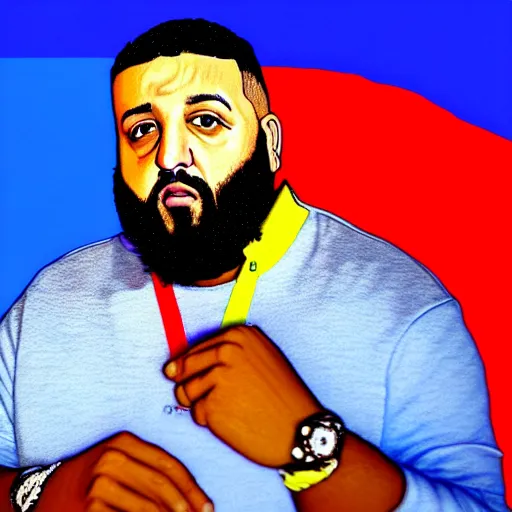 Image similar to ultra realistic portrait of dj khaled in a studio, ultra detailed, under blue, red and yellow cinematic lighting, by van gogh, cartoon