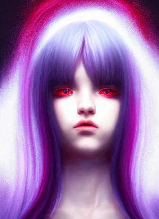 Image similar to hair whitebangs hair, black hair, whitebangs, portrait of teenage girl with white bangs, red irises, purple clothes, white bangs, bangs are different color from hair, intricate, elegant, glowing lights, highly detailed, digital painting, artstation, concept art, smooth, sharp focus, illustration, art by wlop, mars ravelo and greg rutkowski