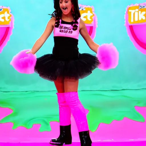 Prompt: Tiffany Day getting Nickelodeon slimed at Nickfest in a pink tutu and black boots