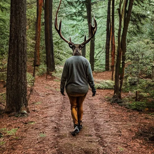 Image similar to photograph of half man half deer walking through the forest