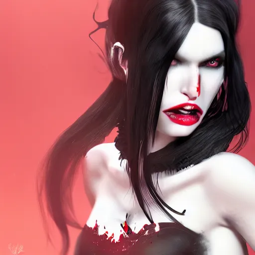 Image similar to Portrait of a pale white vampire woman with bright glowing strands of hair, dark black hair, blood dripping from her fangs,, posing ready for a fight, artstation, cgsociety, masterpiece, dark fantasy