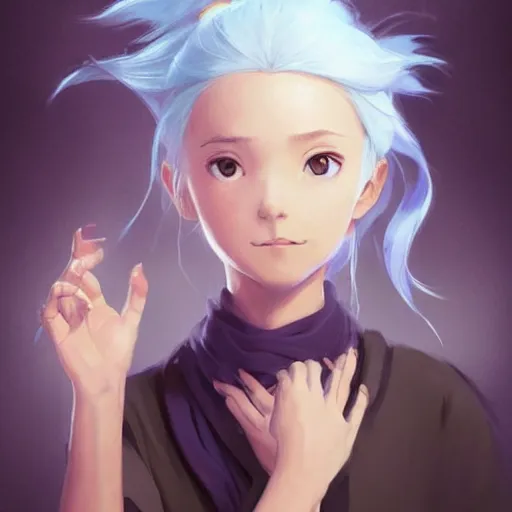 Image similar to girl sorcerer with white hair in a hairbun, she is wearing a scarf. she is learning how to use her magic powers. cgsociety masterpiece, artstation trending, by rossdraws, ghibli, kimi no na wa, greg rutkowski, simon stalberg, greg manchess