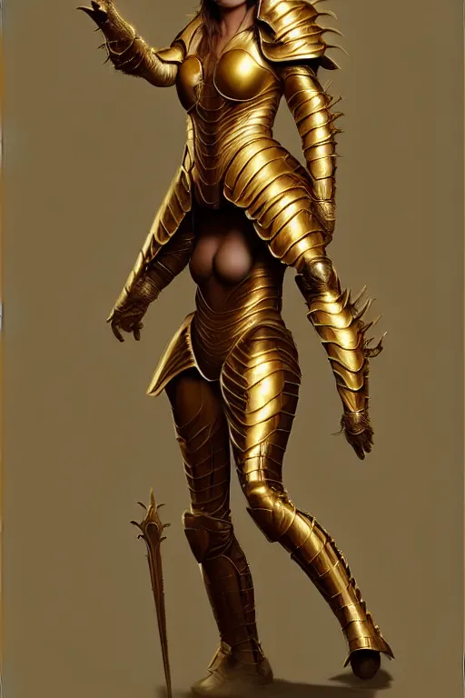 Image similar to professional digital art of a hyper realistic and highly detailed woman beautiful golden armor. accurate rending of one woman in armor. greg rutkowski, zabrocki, karlkka, jayison devadas, intricate, trending on artstation, 8 k, unreal engine 5, pincushion lens effect