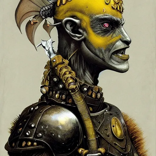 Prompt: ( ( ( head and shoulders portrait of a gaunt noseless yellow - skinned bald githyanki warrior in a breastplate, wielding a magical silver greatsword ) ) ), dave mckean, hr giger, peter mohrbacher, d & d, fantasy, medieval