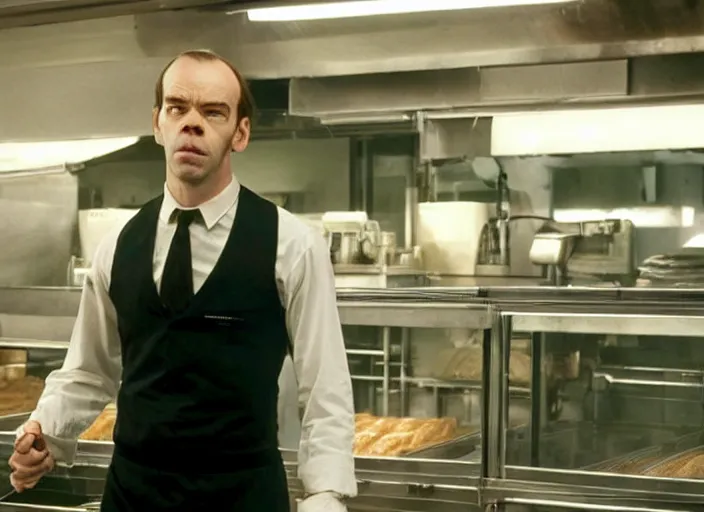 Image similar to film still of young hugo weaving as agent smith working in a bakery in the new matrix movie, 4 k