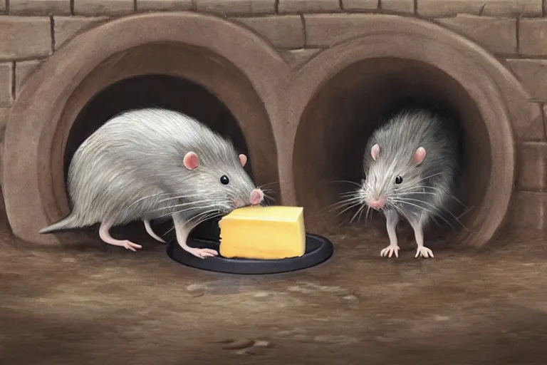 Image similar to a giant creepy rat eating cheese in a sewer, photo - realistic, hyper realism,