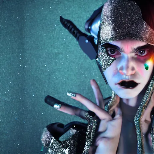 Prompt: a detailed cinematic symmetric wide shot render of Grimes as a cyborg covered with glitter in hell