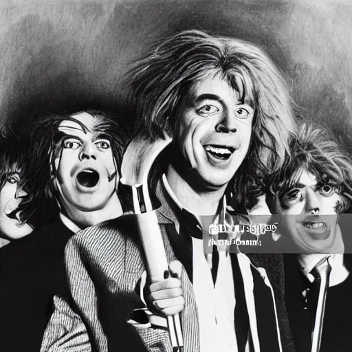 Prompt: bob geldof boomtown rats holding banana microphone, with banana costumed background singers, concert photo, getty images, pencil drawing